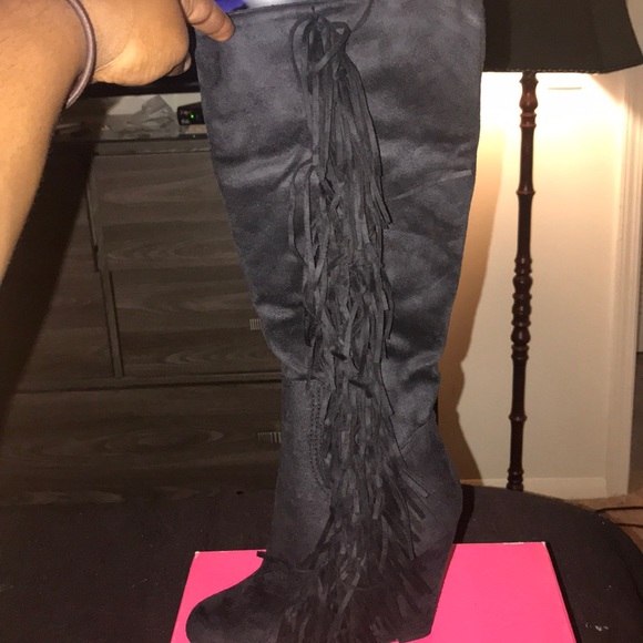 Black suede calf-high wedges - Picture 2 of 4